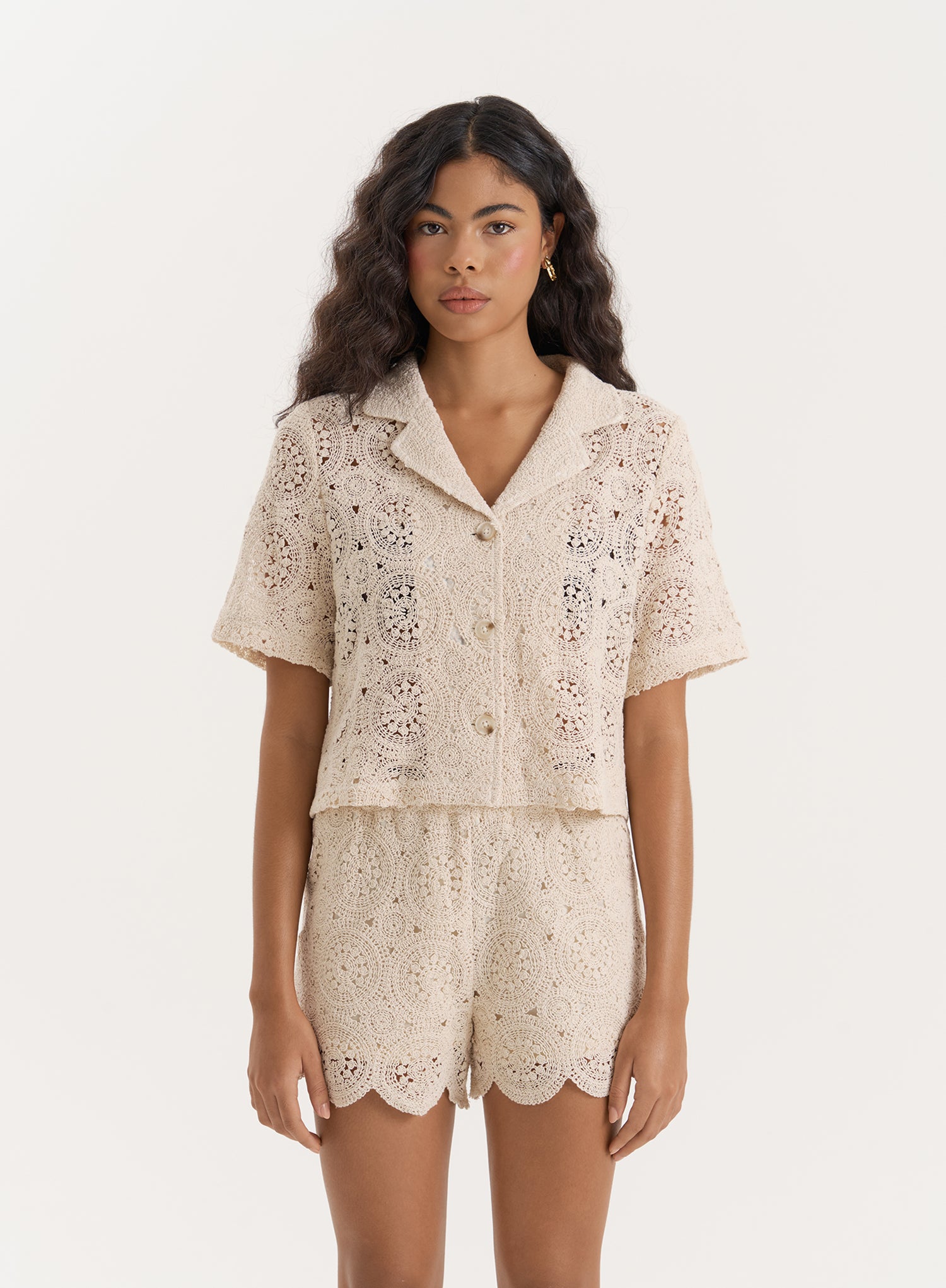 Beige Crochet Short Sleeve Shirt